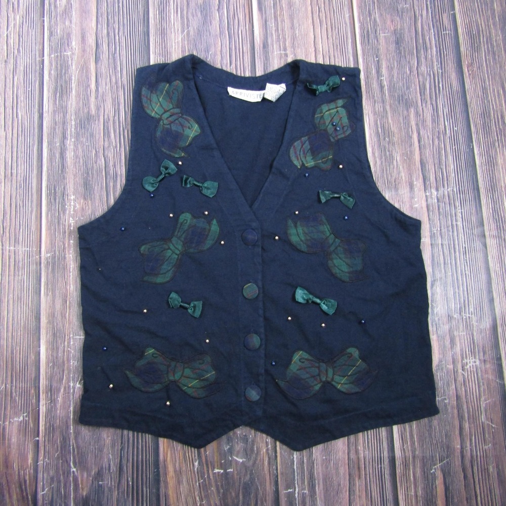 Arriviste Womens Medium Blue Sleeveless Button Up Vest Beaded Bow Applique